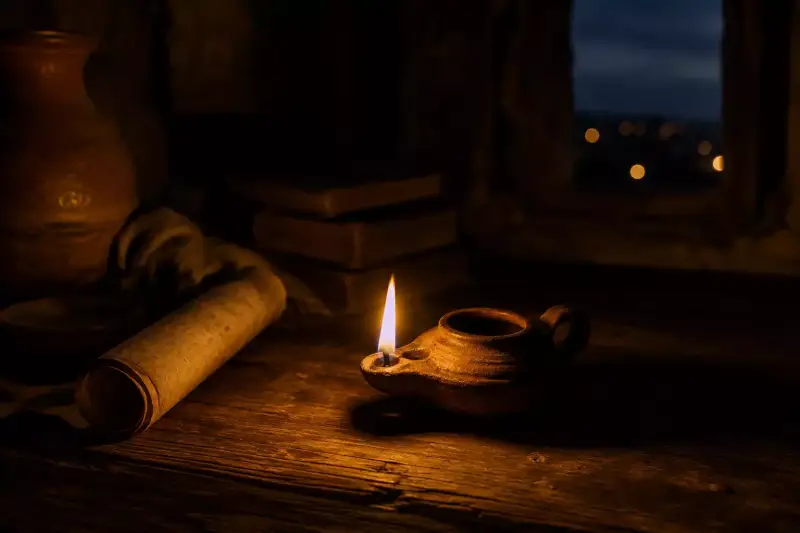 Lampe à huile allumée dans une pièce sombre de l’Antiquité, image symbolique de la sagesse de Dieu face à l’obscurité, au mal et à la mort dans la Bible.