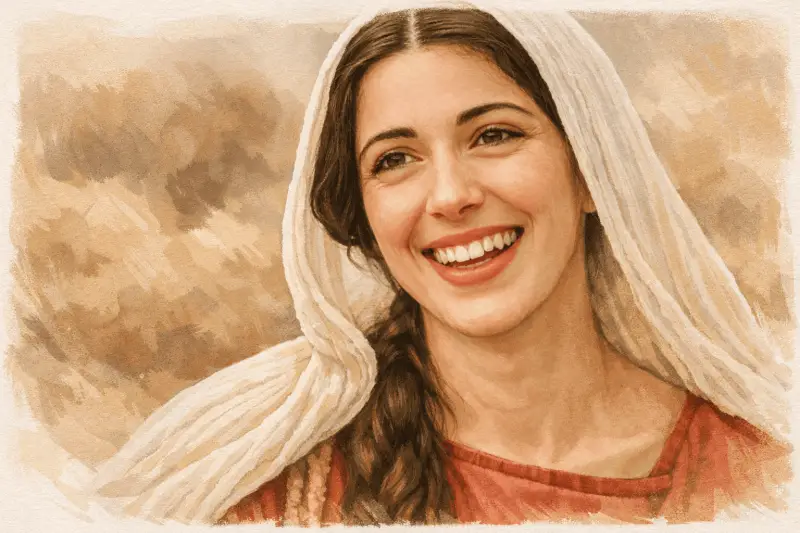 Portrait de Marie-Madeleine souriante, figure biblique transformée par sa rencontre avec Jésus