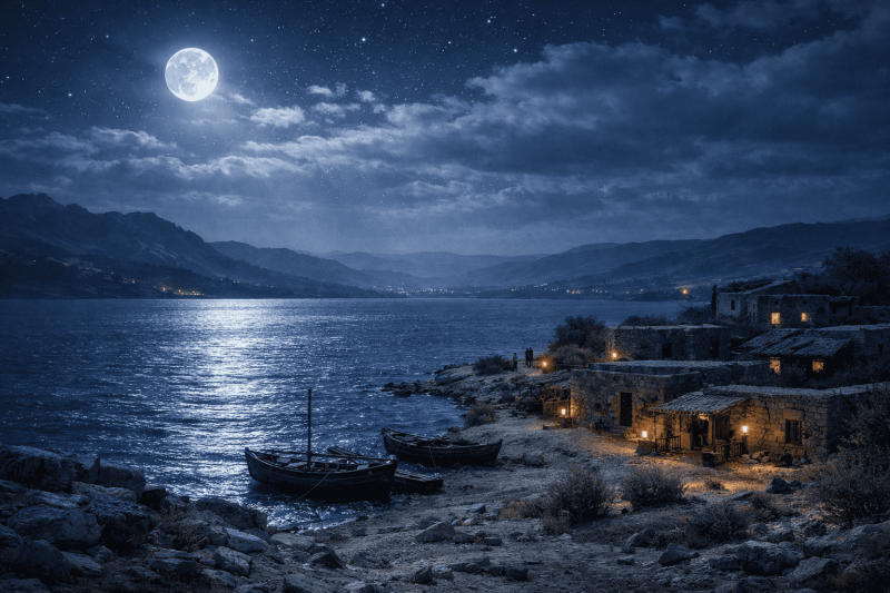 Vue nocturne de la mer de Galilée depuis Capharnaüm, sous une lumière lunaire argentée et une brise nocturne ridant l’eau, avec les villages de pêcheurs antiques en bord de rive.