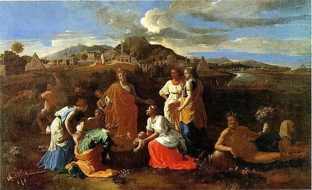 Moïse sauvé des eaux peint par Nicolas Poussin représentant l’enfant Moïse recueilli sur le Nil