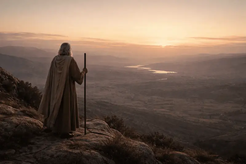 Moïse contemplant la Terre promise depuis la montagne, fin de son parcours dans la Bible