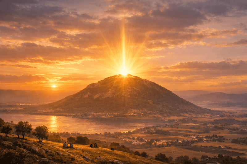 Vue du mont Thabor au crépuscule, avec une lumière céleste dorée centrée sur le sommet évoquant la Transfiguration du Christ, dominant la plaine d’Esdrelon dans une atmosphère mystique.