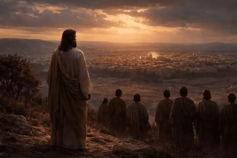 Jésus et ses disciples font face à Jérusalem au terme de leur montée vers la ville sainte, à l’approche de la Passion