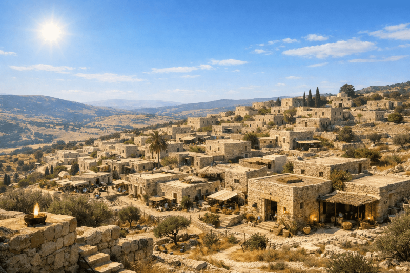 Vue panoramique de Nazareth au temps du Christ, village antique en pierre éclairé par un soleil éclatant, entouré de collines et de terrasses agricoles.