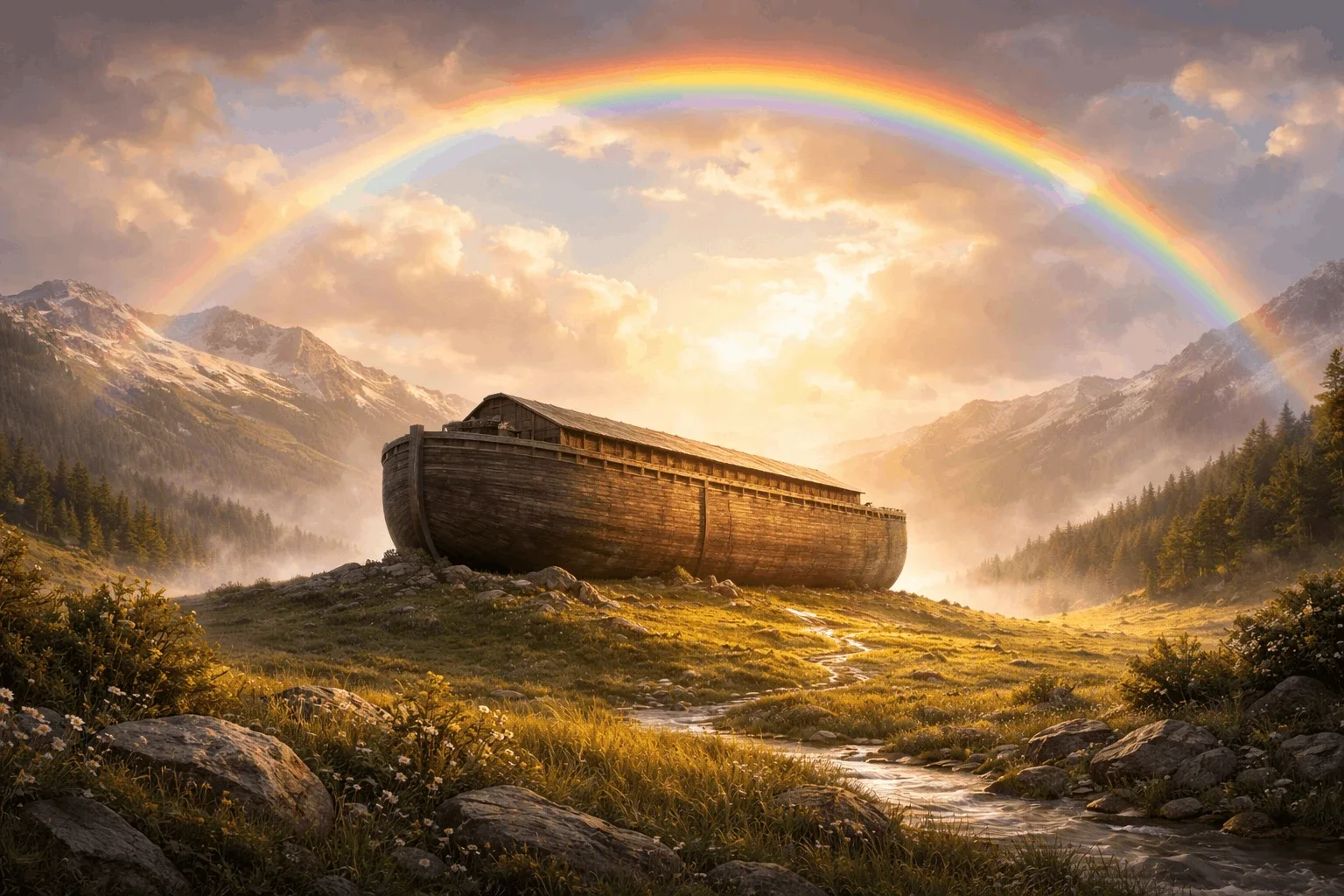 Arche de Noé sous un arc-en-ciel, symbole de l’alliance de Dieu avec l’humanité après le déluge
