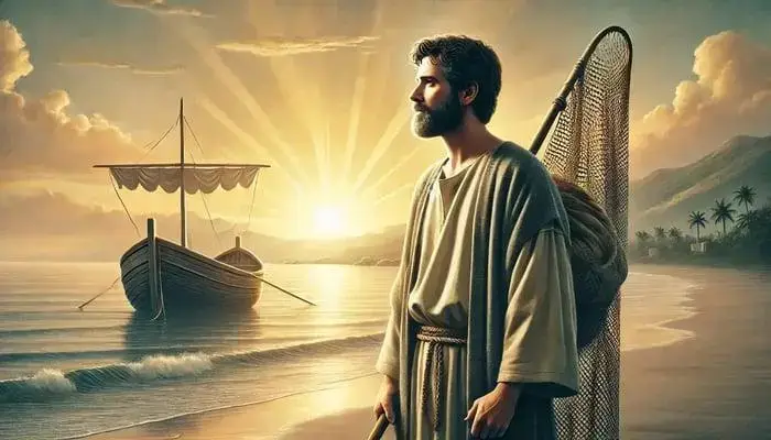 Apôtre Pierre pêcheur au bord du lac au lever du soleil dans la Bible