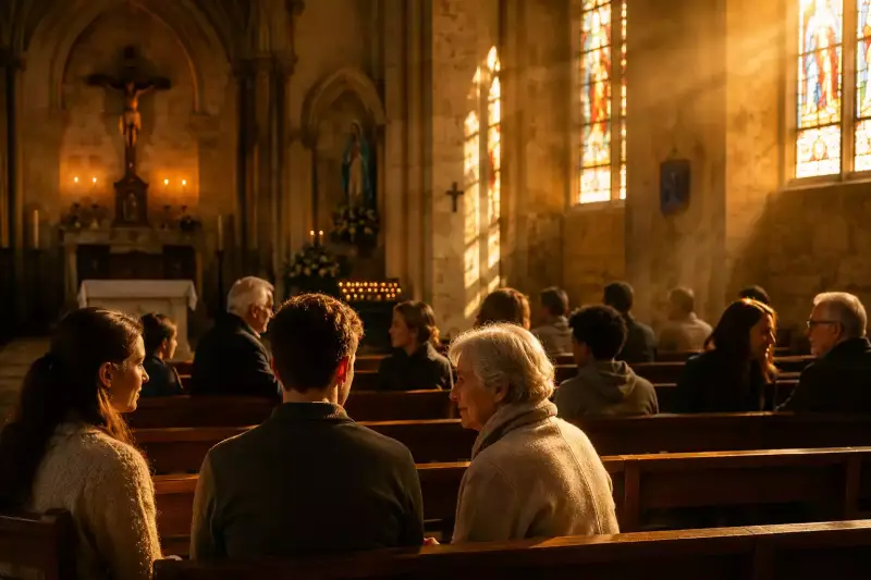 Assemblée de chrétiens réunis dans une église baignée de lumière, illustration de la foi vécue ensemble et de l’Église comme communauté autour du Christ.