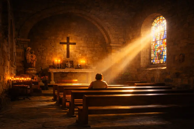 Personne assise dans une église éclairée par la lumière, faisant un premier pas vers Dieu dans la prière