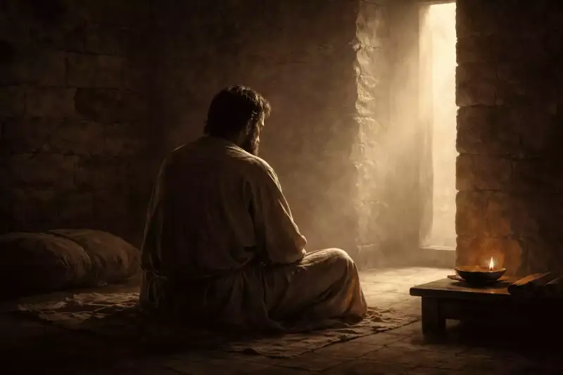 Un homme assis dans une pièce sombre contemple une vive lumière entrant par une ouverture, symbole de la vérité et de la lumière de Dieu.