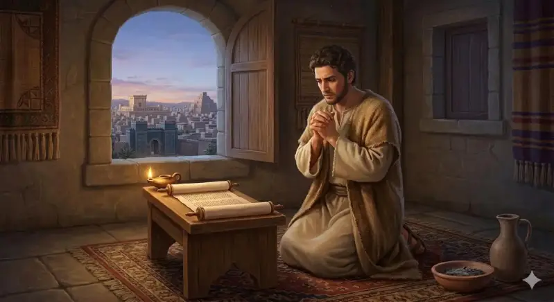 Le prophète Daniel en prière tourné vers Jérusalem pendant l’exil à Babylone, fidèle à Dieu malgré l’éloignement