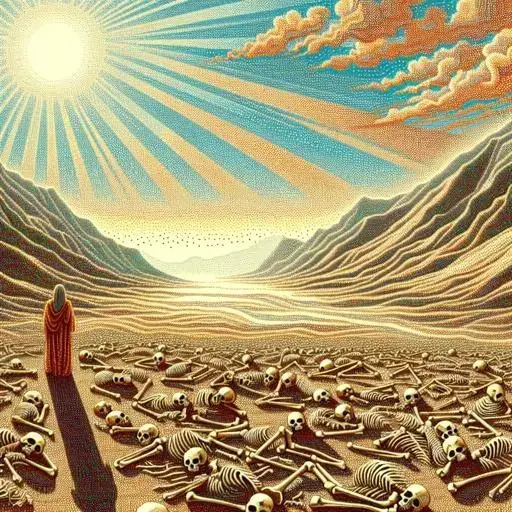 Vision des ossements desséchés du prophète Ézéchiel dans une vallée, symbole de mort et de renaissance dans la Bible