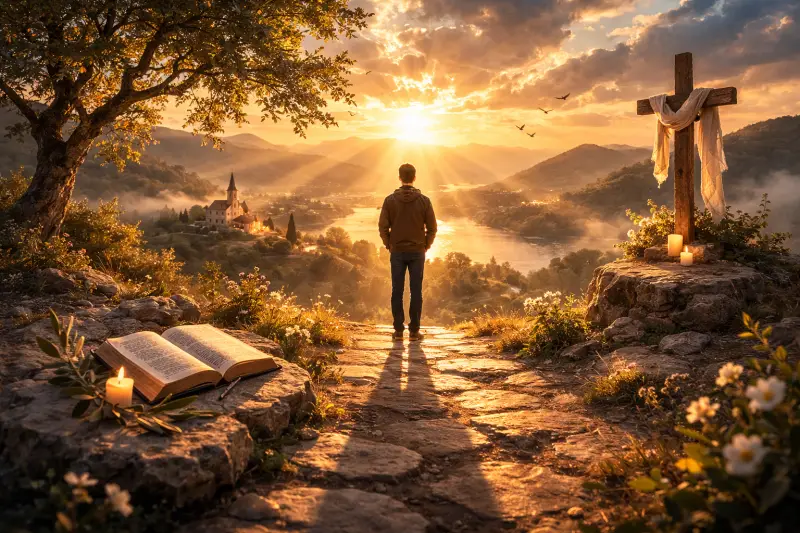 Homme contemplant un paysage au lever du soleil avec une croix et une Bible, en quête de Dieu