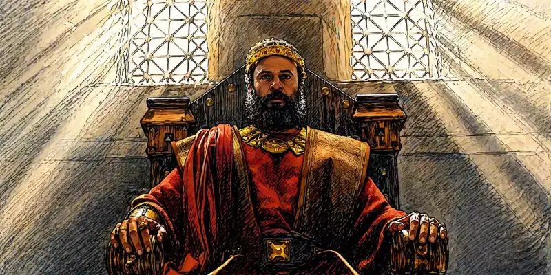 Saül roi d’Israël sur son trône, illustration biblique avec lumière dramatique
