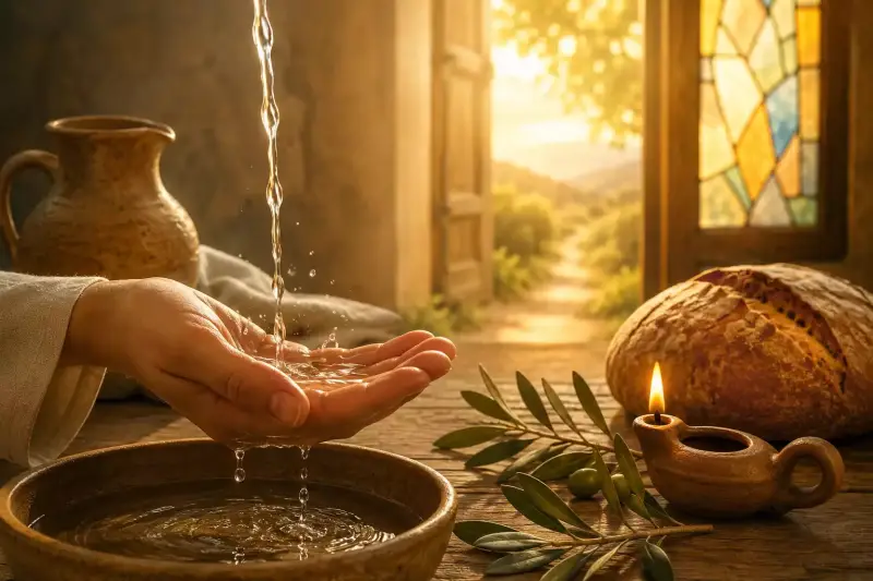 Main recevant de l’eau près d’un pain, d’une lampe et d’un rameau d’olivier, symbolisant les sacrements chrétiens par lesquels Dieu rejoint l’homme à travers des signes visibles de sa grâce.