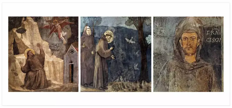 Fresques représentant saint François d’Assise recevant les stigmates, prêchant aux oiseaux et portrait du saint franciscain