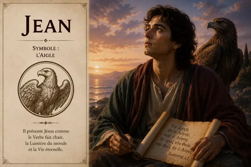 Illustration de saint Jean, auteur du quatrième Évangile, accompagné de son symbole traditionnel, l'aigle.