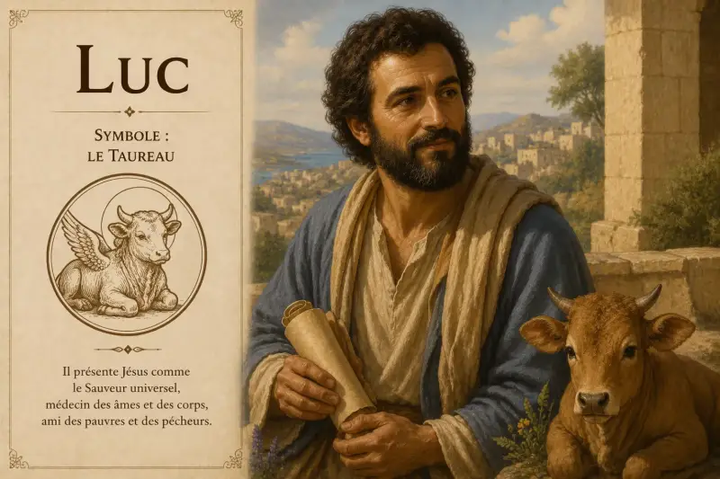Illustration de saint Luc, auteur du troisième Évangile, accompagné de son symbole traditionnel, le taureau.