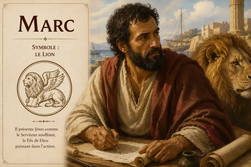 Illustration de saint Marc, auteur du deuxième Évangile, accompagné de son symbole traditionnel, le lion.