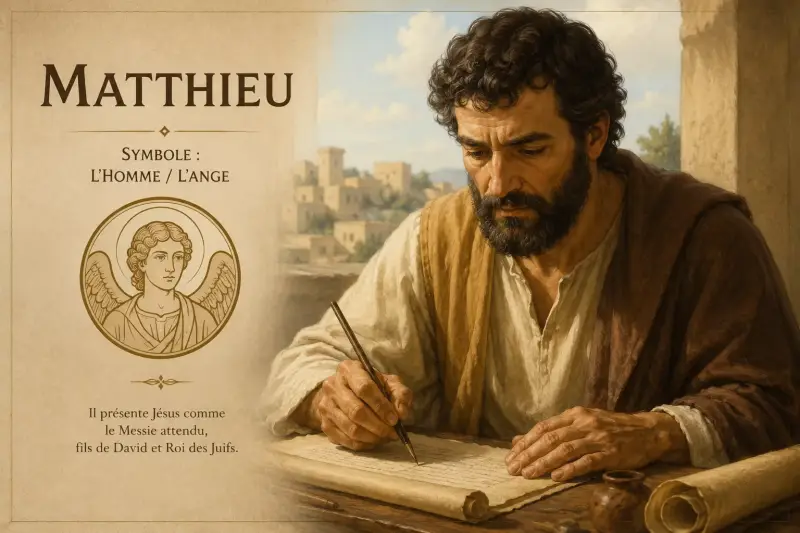 Illustration de saint Matthieu, auteur du premier Évangile, accompagné de son symbole traditionnel, l'homme ou l'ange.