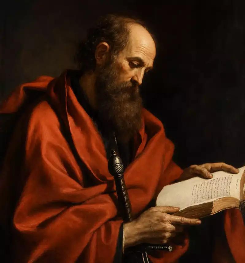Saint Paul apôtre en train de lire et écrire, tenant un livre ouvert, représentation artistique classique de la méditation et de la transmission des Écritures