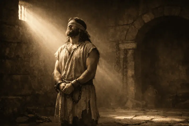 Samson aveugle et enchaîné dans le livre des Juges, priant Dieu après sa chute dans le temple des Philistins