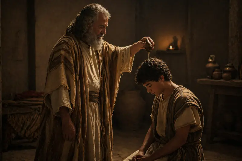 Samuel oint David avec de l’huile dans la Bible, marquant le choix de Dieu d’un roi selon le cœur (1 Samuel 16)