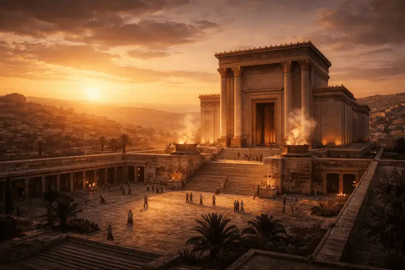 Temple de Jérusalem construit par Salomon, baigné de lumière au coucher du soleil, symbole de la présence de Dieu et de la gloire du royaume d’Israël