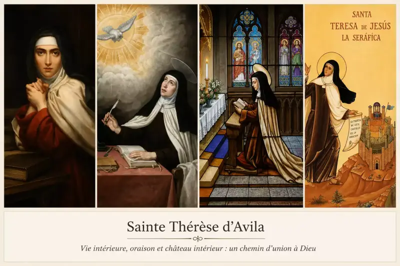 Panneau de quatre images représentant sainte Thérèse d’Avila en prière, en écriture mystique et avec la symbolique du château intérieur