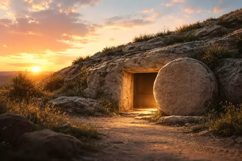 Tombeau ouvert du Christ à l’aube de Pâques, baigné de lumière, symbole de la Résurrection et de la victoire sur la mort.