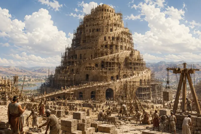 Construction de la tour de Babel selon Genèse 11, symbole de l'unité recherchée par l'humanité sans Dieu