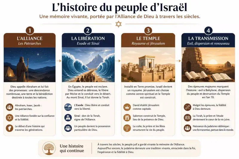 Infographie retraçant les quatre grandes étapes de l’histoire du judaïsme : l’Alliance avec Abraham, l’Exode, le Temple de Jérusalem et la transmission du judaïsme rabbinique.
