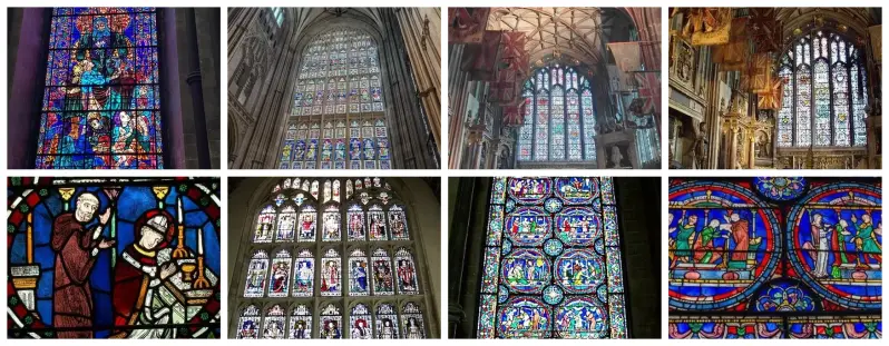 Vitraux médiévaux de la cathédrale de Canterbury en Angleterre représentant scènes bibliques et saints chrétiens
