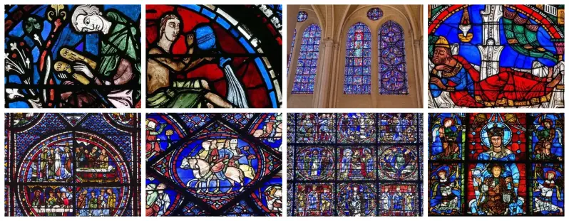 Vitraux médiévaux de la cathédrale de Chartres représentant des scènes bibliques et personnages chrétiens