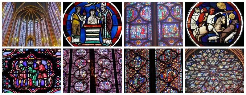 Vitraux médiévaux de la Sainte-Chapelle à Paris représentant scènes bibliques et rosace gothique