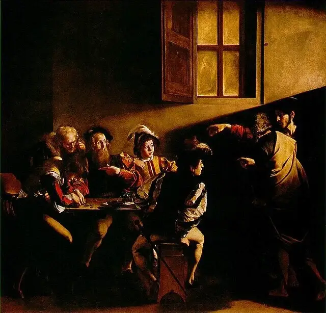 La Vocation de saint Matthieu peinte par le Caravage représentant l’appel de Matthieu par Jésus