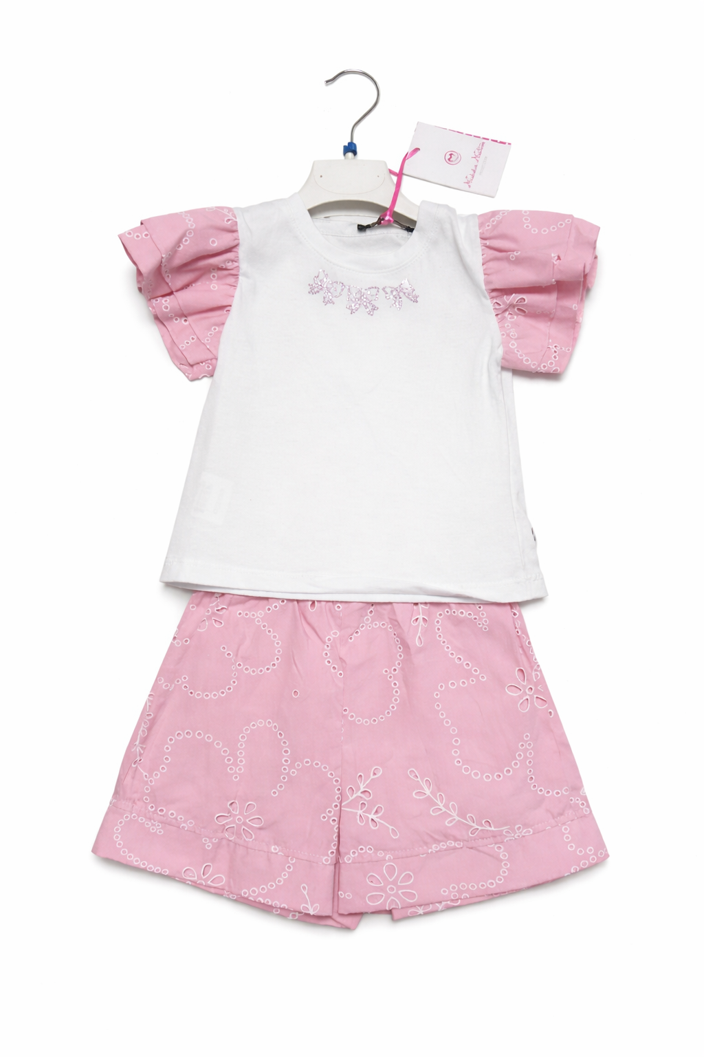 Completo Bambina Estivo Rosa e Bianco con Ricami – T-shirt e Gonna Leggera