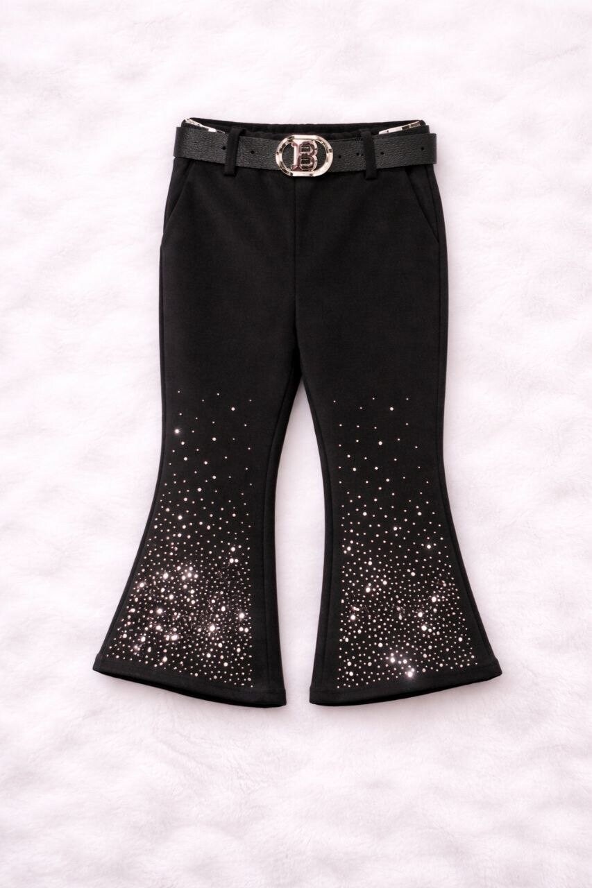 Pantalone Bambina Nero Glam con Strass e Modello a Zampa