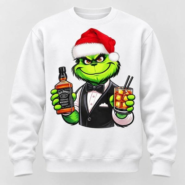 Felpa Natalizia Grinch con Whiskey – Felpa Bianca Unisex Divertente, Idea Regalo Natale Originale