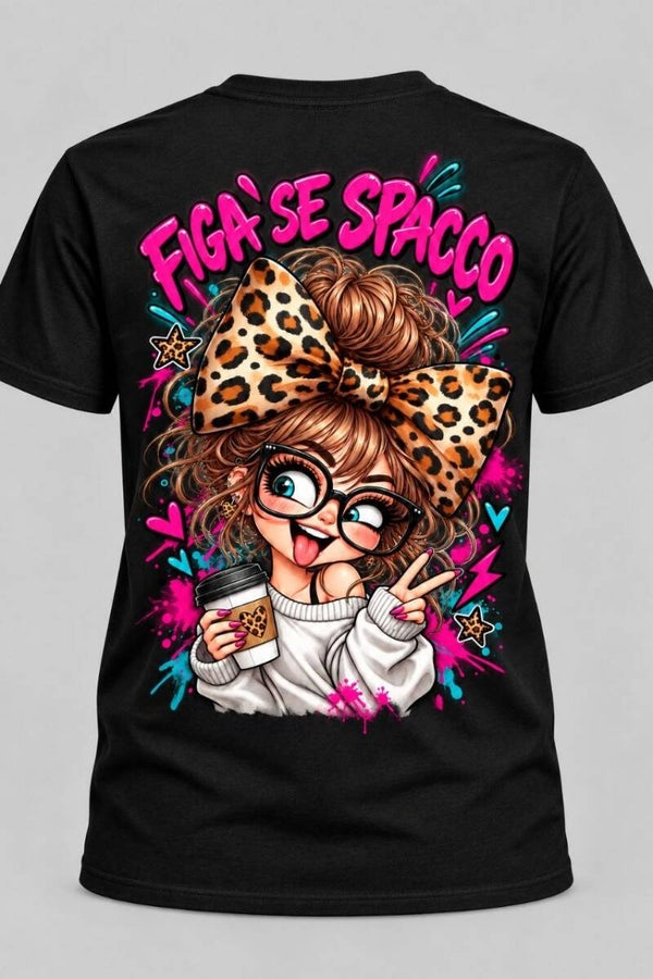 Maglietta Donna Nera “Figà se Spacco” – T-Shirt Divertente con Ragazza Fashion, Fiocco Leopardato e Stampa Colorata