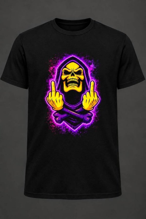Maglietta Halloween Nera con Teschio Incappucciato – T-Shirt Horror con Stampa Viola Fluo | Crisleya