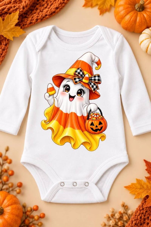 Body Neonato Halloween Fantasmino – Manica Lunga Bianco con Zucca e Cappello da Strega