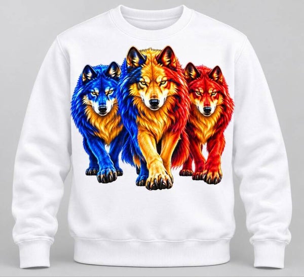 Felpa bianca unisex – Tre lupi colorati