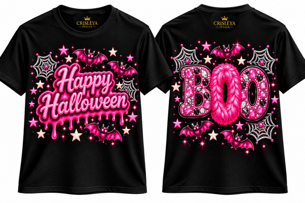 Maglietta Halloween BOO Rosa – T-Shirt Nera con Stampa Fronte e Retro