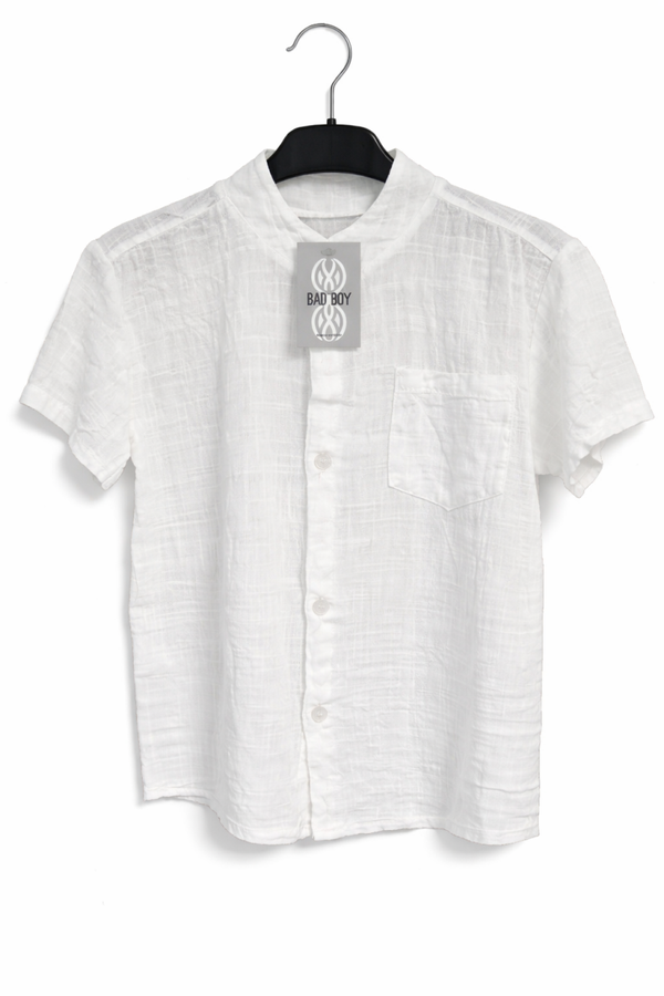 Camicia Bambino Bianca in Cotone con Colletto Coreano – Manica Corta Elegante Casual