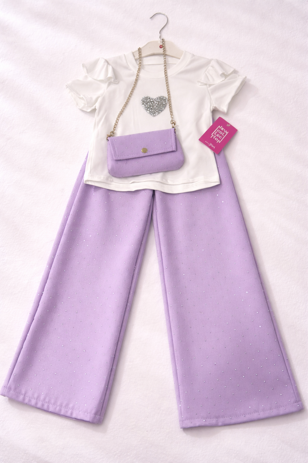 Completo bambina elegante lilla con pantaloni palazzo e borsetta coordinata