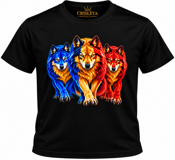 T-shirt nera – Tre lupi colorati