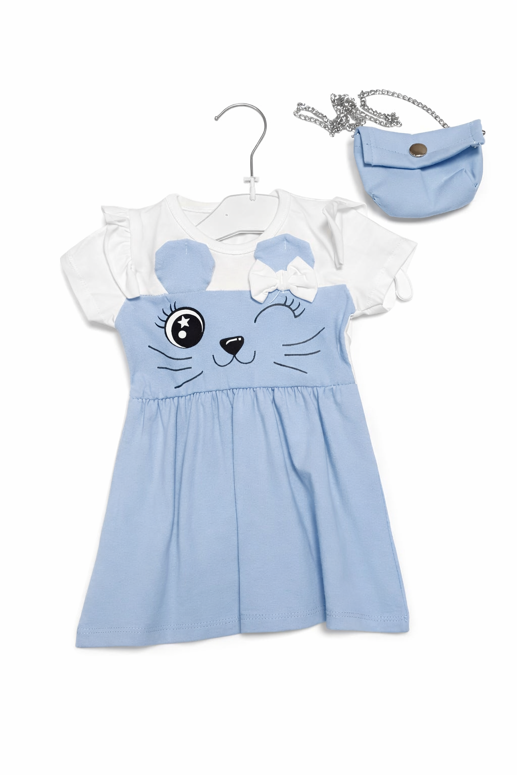 Vestito Bambina Azzurro con Borsetta Abbinata – Abito Estivo con Gattino Elegante