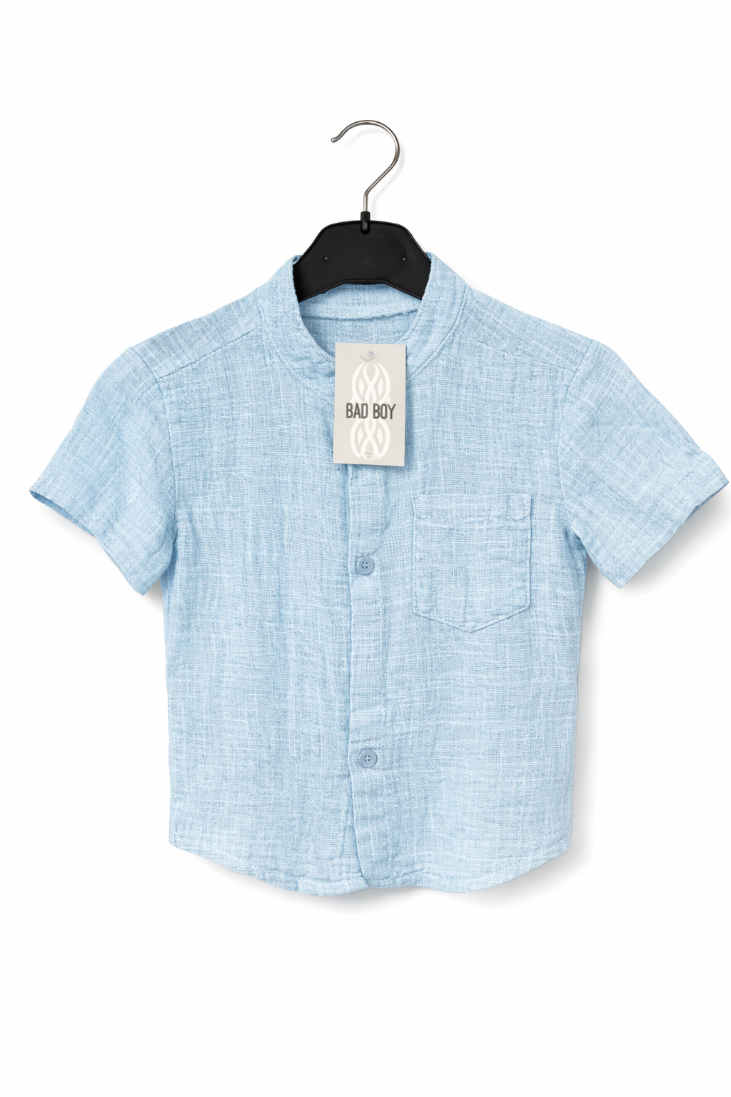Camicia Bambino Azzurra in Cotone con Colletto Coreano – Manica Corta Elegante Casua