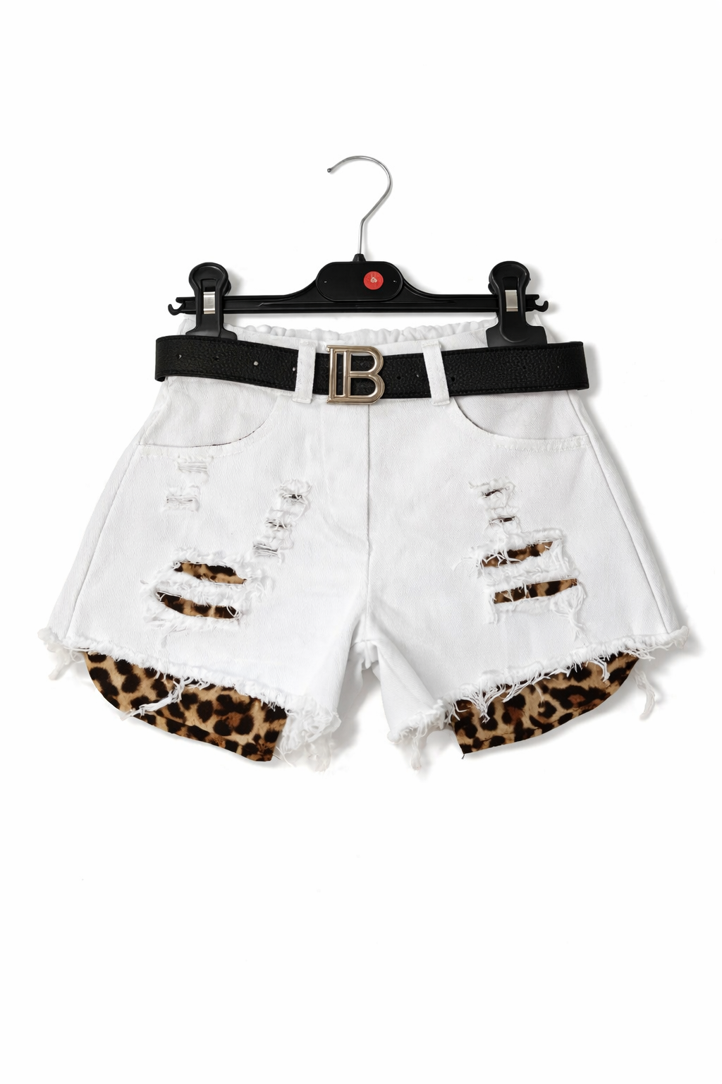 Shorts bambina jeans bianchi strappati con inserti animalier e cintura