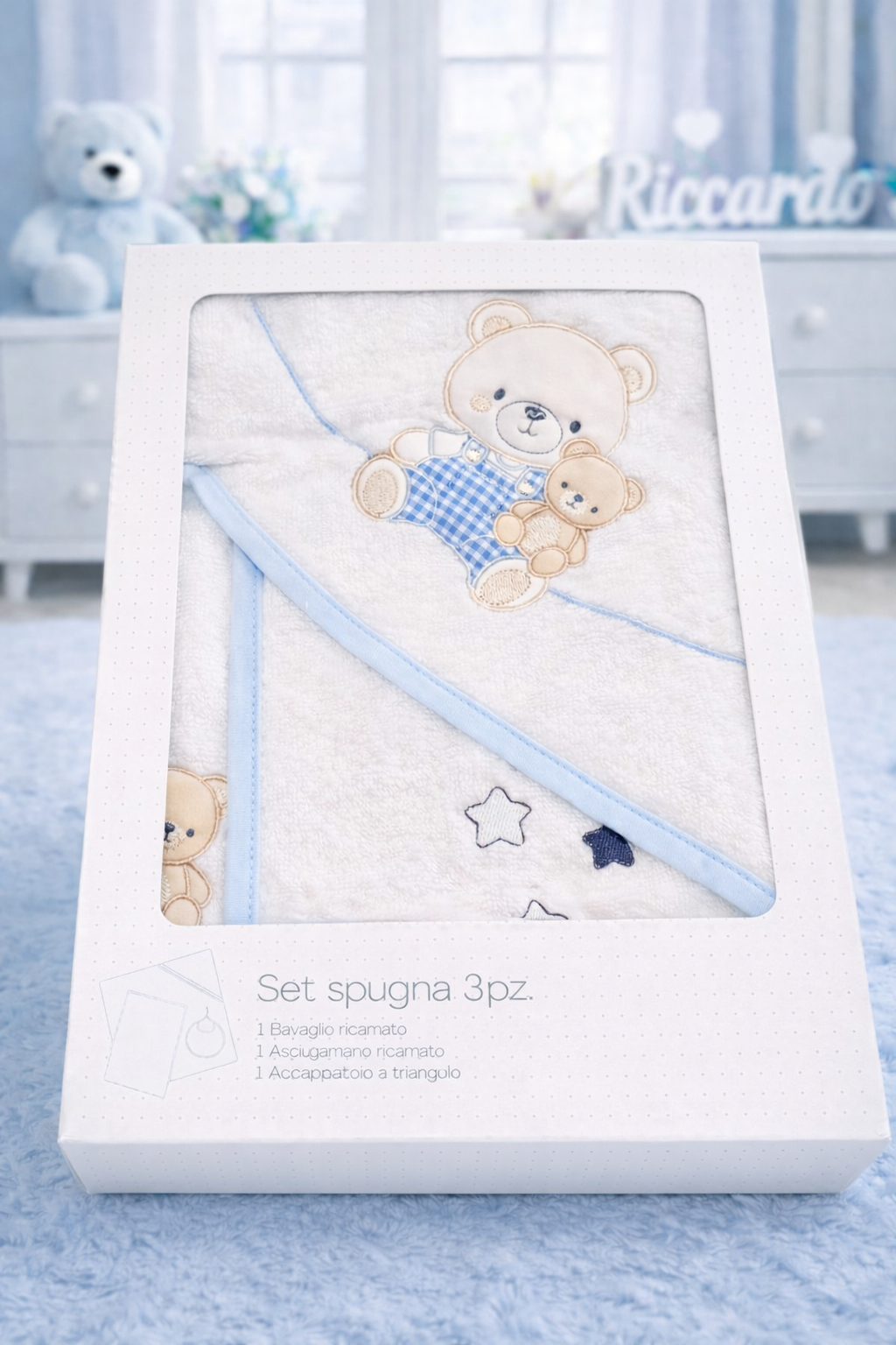 Set spugna neonato  3 pezzi con accappatoio e ricamo orsetto